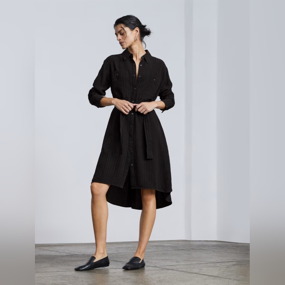 Everlane Black The City Stripe Long Sleeve Draped High Low Shirt Dress Size XS